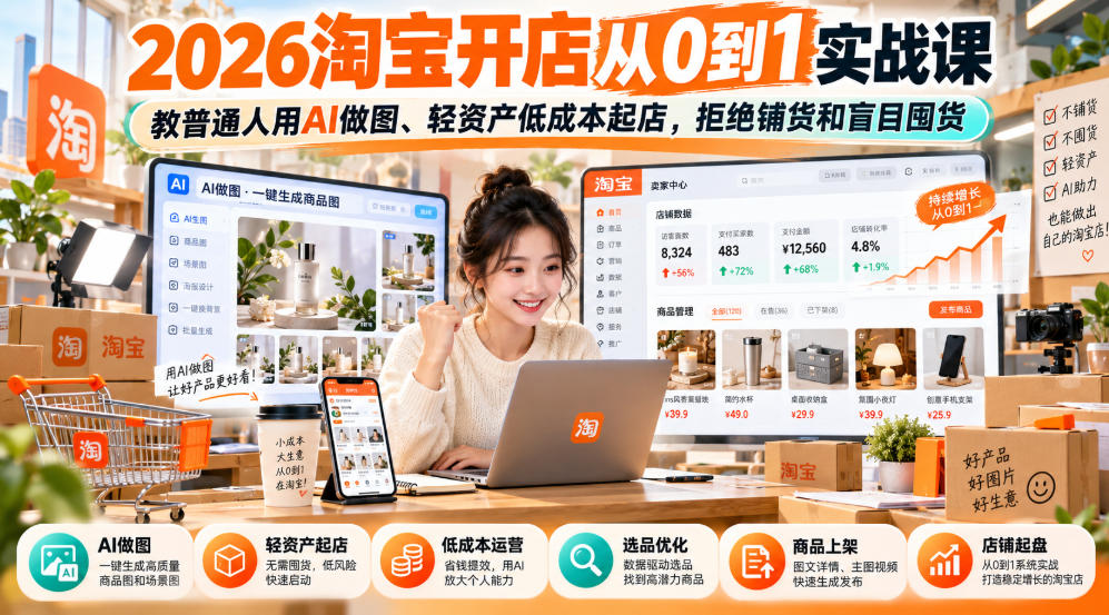 2026淘宝开店从0到1实战课，教普通人用AI做图、轻资产低成本起店，拒绝铺货和盲目囤货-悟思笔记，一个低调的学习营。