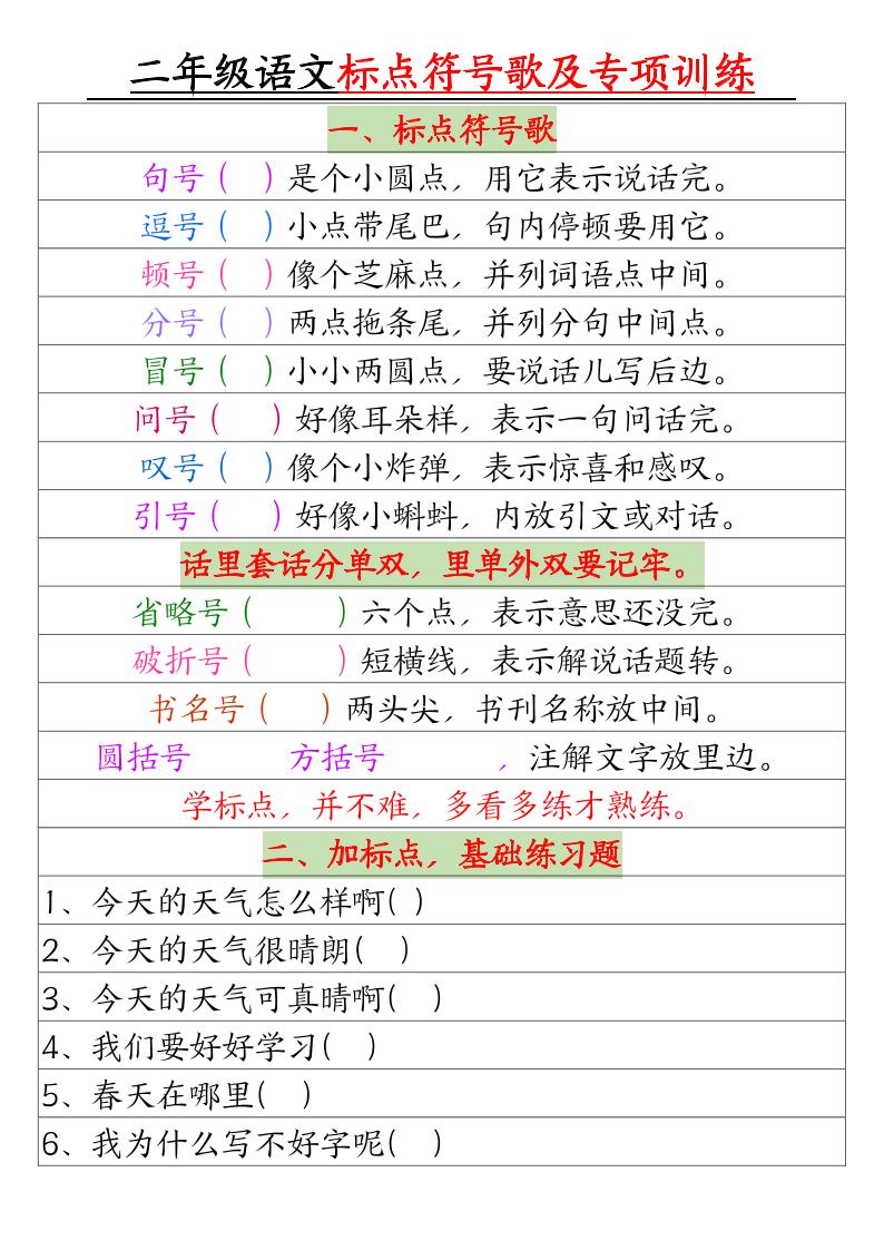 二年级下册语文标点符号歌及专项训练（4页）-悟思笔记，一个低调的学习营。