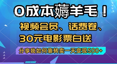 0成本薅羊毛!视频会员、话费卷、30元电影票白送，分享我如何靠转卖一天变现5张+【揭秘】-悟思笔记，一个低调的学习营。