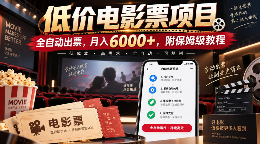 低价电影票项目，全自动出票，月入6000+，附保姆级教程【揭秘】-悟思笔记，一个低调的学习营。
