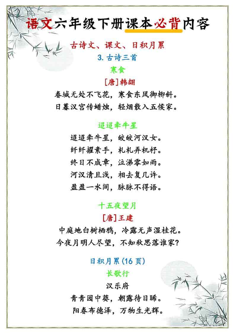 六年级下语文课本必背内容-悟思笔记，一个低调的学习营。