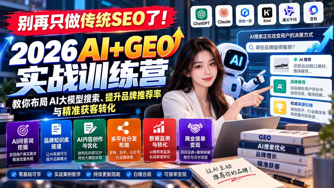别再只做传统SEO了！《2026AI+GEO实战训练营》教你布局AI大模型搜索、提升品牌推荐率与精准获客转化-悟思笔记，一个低调的学习营。