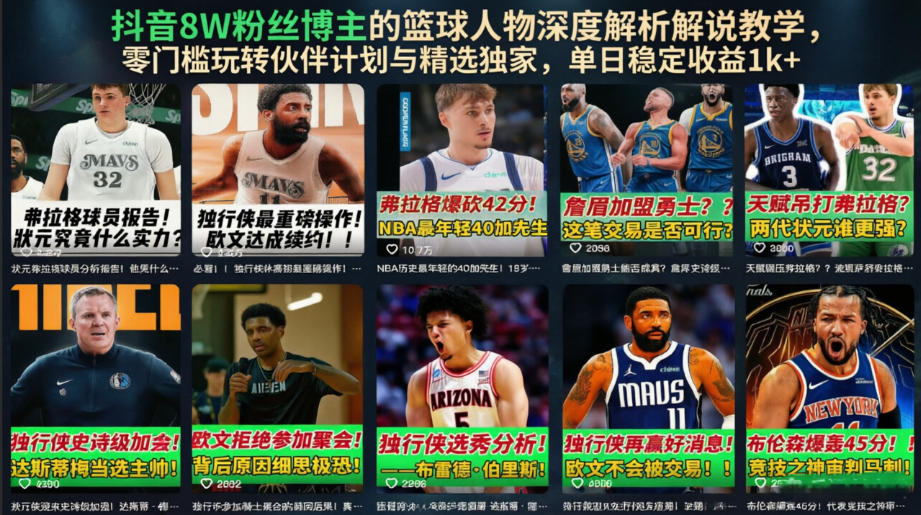 抖音8W粉丝博主的篮球人物深度解析解说教学，零门槛玩转伙伴计划与精选独家，单日稳定收益1k+-悟思笔记，一个低调的学习营。