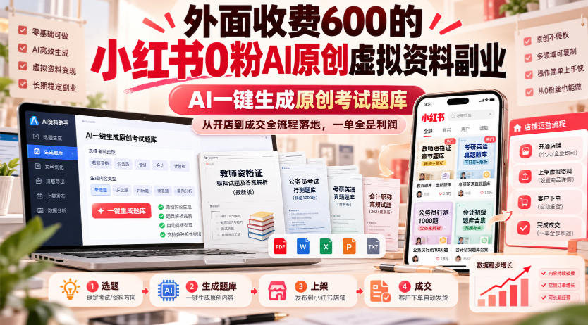 外面收费600的小红书0粉AI原创虚拟资料副业，AI一键生成原创考试题库，从开店到成交全流程落地，一单全是利润-悟思笔记，一个低调的学习营。