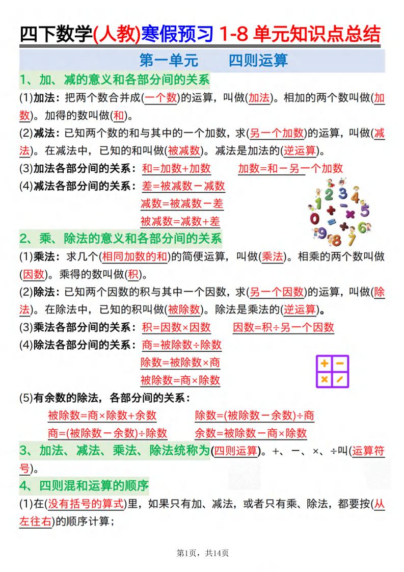 26春四下人教数学寒假预习1-8单元知识点总结14页-悟思笔记，一个低调的学习营。