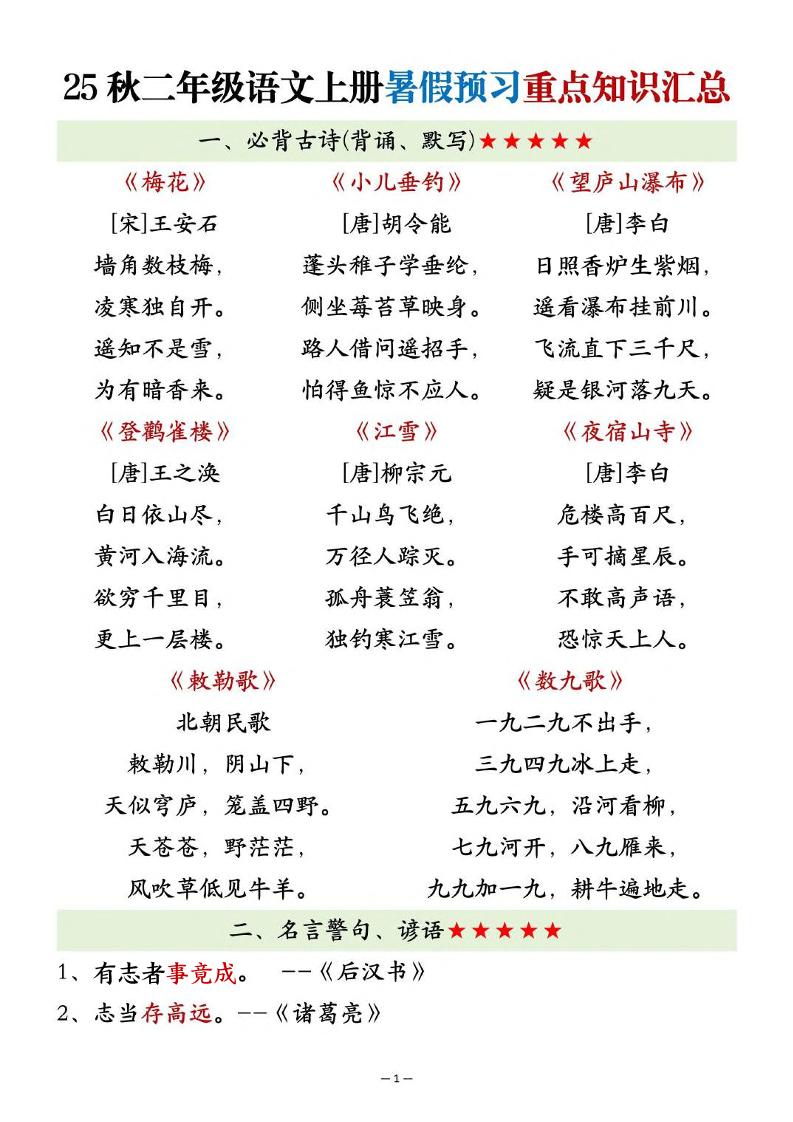 25秋二上语文暑假预习重点知识汇总20页-悟思笔记，一个低调的学习营。