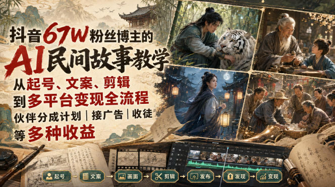 抖音67W粉丝博主的AI民间故事教学，从起号、文案、剪辑到多平台变现全流程，伙伴分成计划接广告等多种收益，月入1W+-悟思笔记，一个低调的学习营。