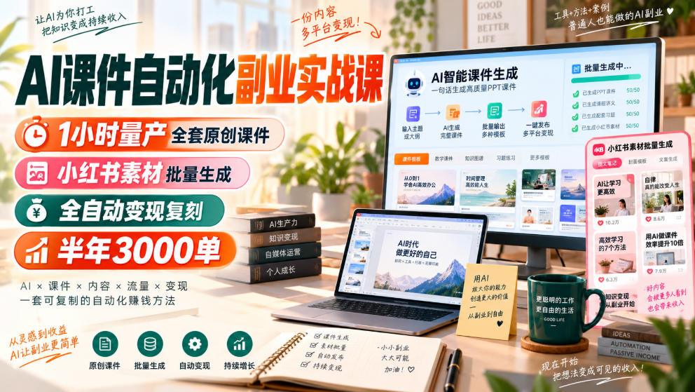 AI课件自动化副业实战课，1小时量产全套原创课件，小红书素材批量生成，全自动变现复刻，半年3000单-悟思笔记，一个低调的学习营。