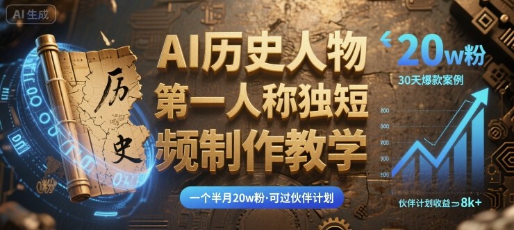最新AI历史人物第一人称独白短视频制作教学，一个半月20w粉，可过伙伴计划-悟思笔记，一个低调的学习营。