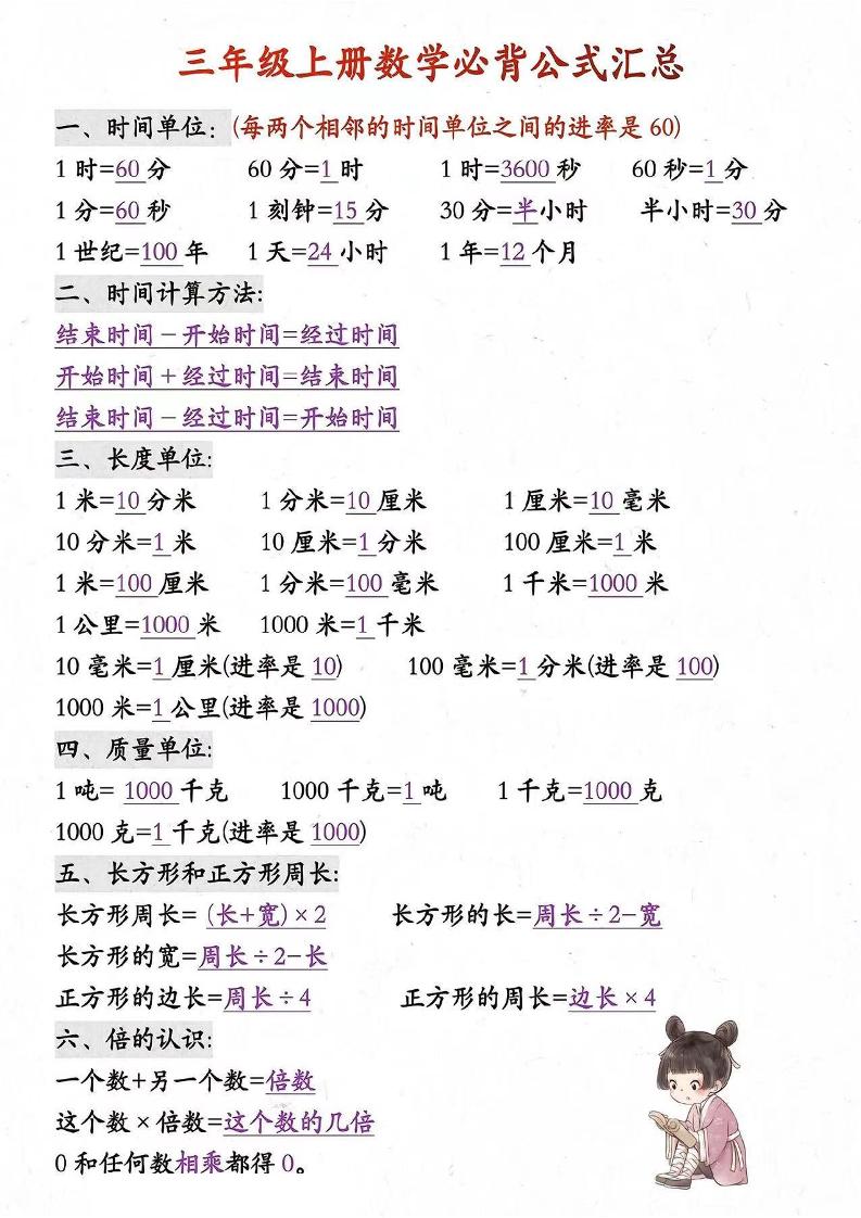 三年级上册数学必背知识汇总-悟思笔记，一个低调的学习营。