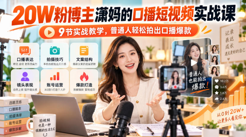 20W粉博主潇妈的口播短视频实战课，9节实战教学，普通人轻松拍出口播爆款-悟思笔记，一个低调的学习营。