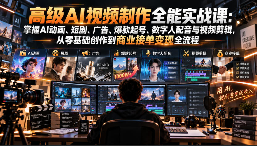 高级AI视频制作全能实战课:掌握AI动画、短剧、广告、爆款起号、数字人配音与视频剪辑,从零基础创作到商业接单变现全流程