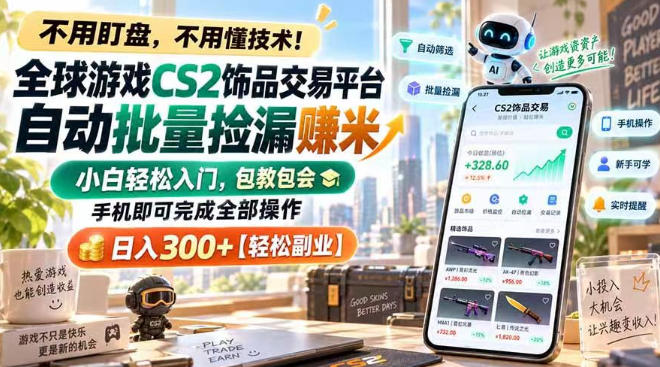 全球游戏CS2饰品交易平台自动批量捡漏賺米，小白轻松入门，包教包会，手机即可完成全部操作，日入300+【揭秘】-悟思笔记，一个低调的学习营。