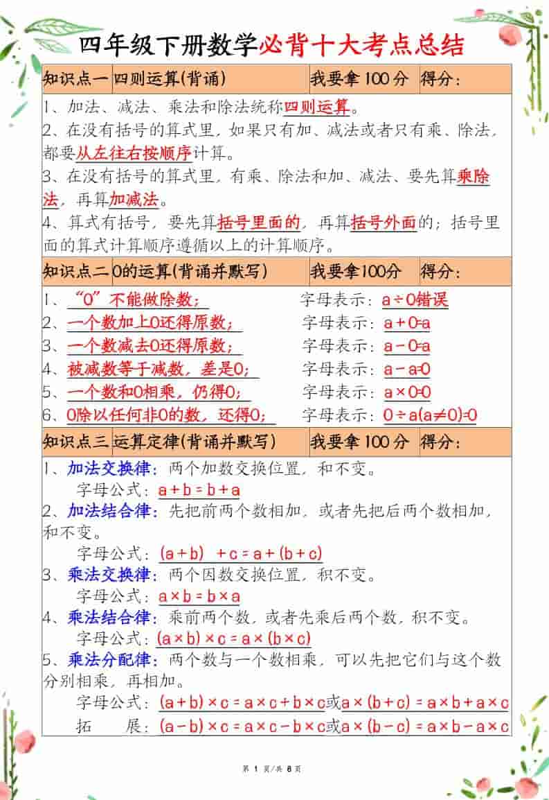 四年级下数学十大必背考点总结-悟思笔记，一个低调的学习营。