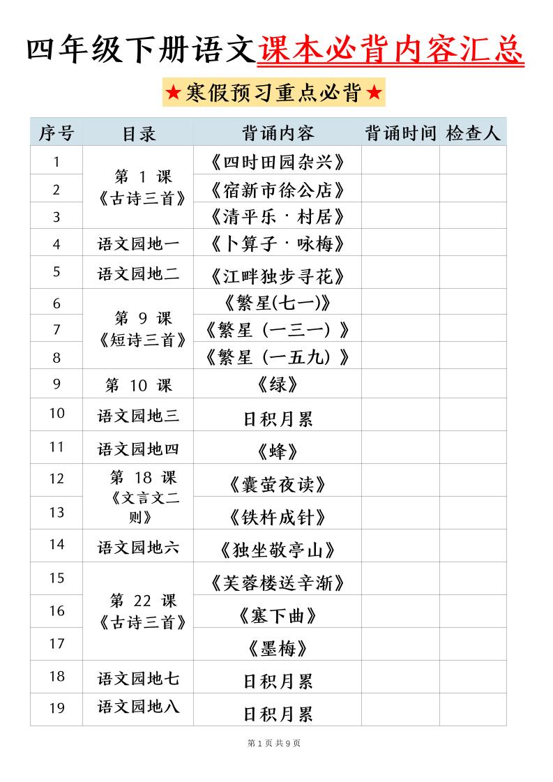 四下语文寒假预习课本必背内容汇总（9页）-悟思笔记，一个低调的学习营。