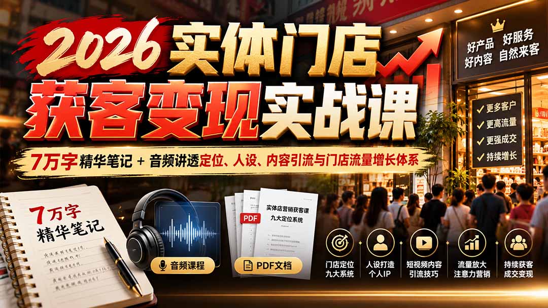 2026实体门店获客变现实战课：7万字精华笔记+音频讲透定位、人设、内容引流与门店流量增长体系-悟思笔记，一个低调的学习营。