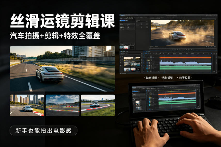 大叔丝滑运镜剪辑课,汽车拍摄+剪辑+特效全覆盖,新手也能拍出电影感