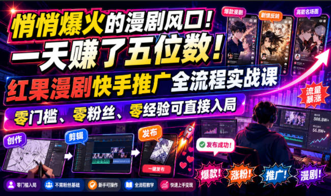 悄悄爆火的漫剧风口！一天賺了五位数！红果漫剧快手推广全流程实战课，零门槛、零粉丝、零经验可直接入局-悟思笔记，一个低调的学习营。