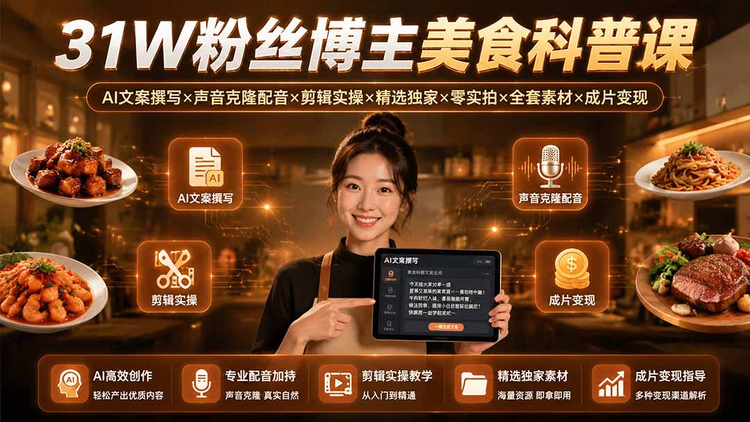 31W粉丝博主美食科普课：AI文案撰写×声音克隆配音×剪辑实操×精选独家×零实拍×全套素材×成片变现-悟思笔记，一个低调的学习营。