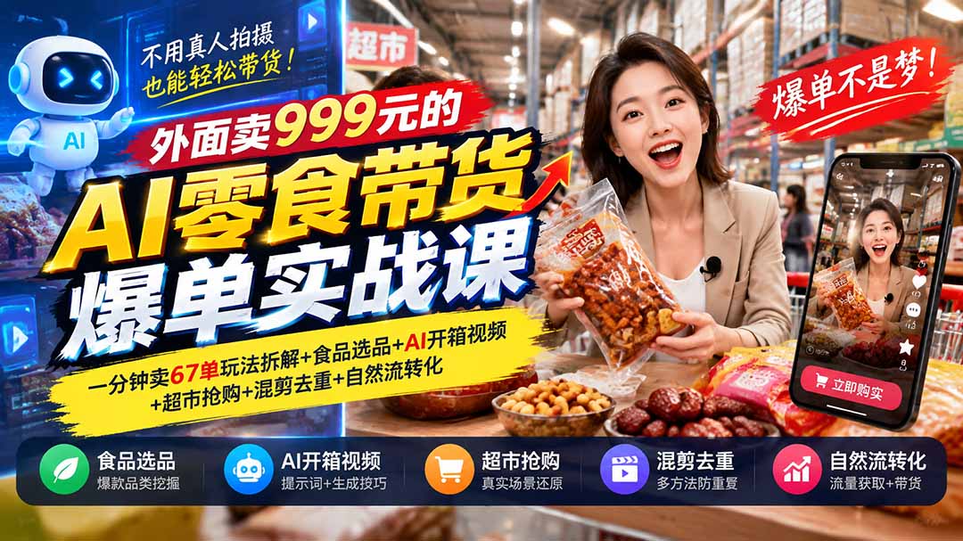 外面卖999元的AI零食带货爆单实战课｜一分钟卖67单玩法拆解+食品选品+AI开箱视频+超市抢购+混剪去重+自然流转化-悟思笔记，一个低调的学习营。