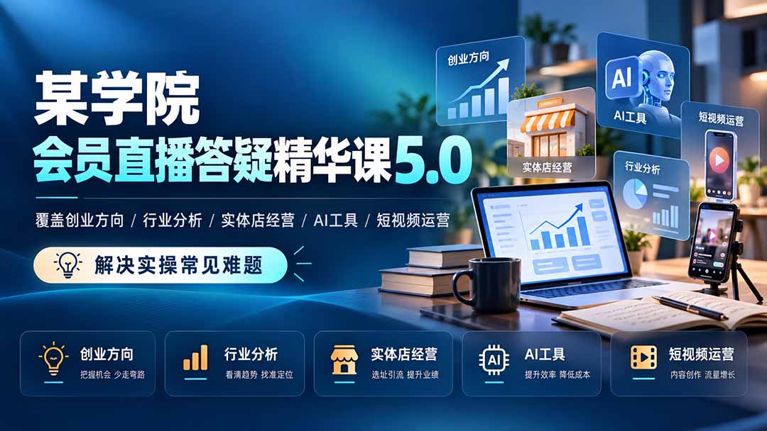 某学院会员直播答疑精华课5.0：覆盖创业方向、行业分析、实体店经营、AI工具和短视频运营，解决实操常见难题！-悟思笔记，一个低调的学习营。