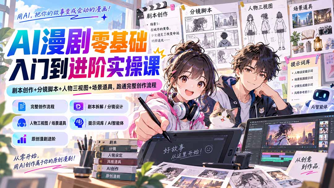 AI漫剧零基础入门到进阶实操课：剧本创作+分镜脚本+人物三视图+场景道具，跑通完整创作流程-悟思笔记，一个低调的学习营。