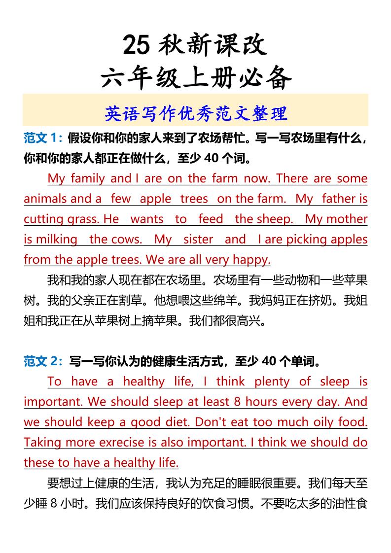 【2025秋新版】六年级上册必备英语写作优秀范文整理-悟思笔记，一个低调的学习营。