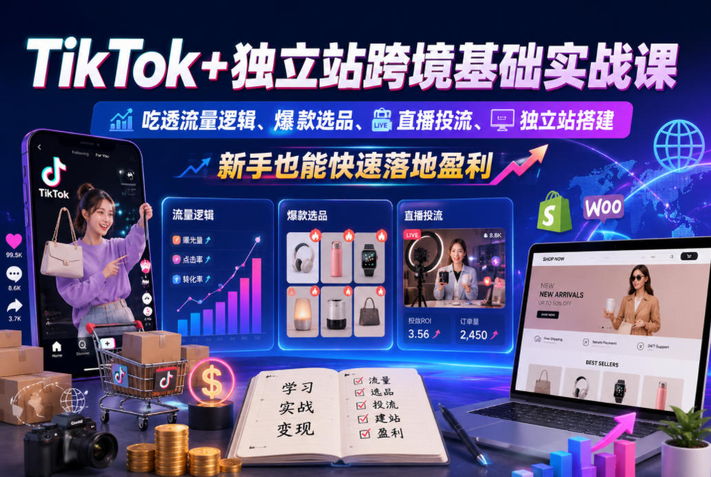 TikTok+独立站跨境基础实战课，吃透流量逻辑、爆款选品、直播投流与独立站搭建，新手也能快速落地盈利-悟思笔记，一个低调的学习营。