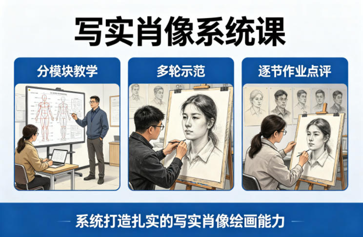 写实肖像系统课，全程分模块教学+多轮示范+逐节作业点评，系统打造扎实的写实肖像绘画能力-悟思笔记，一个低调的学习营。
