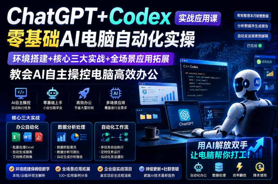 ChatGPT+Codex实战应用课｜零基础AI电脑自动化实操，环境搭建+核心三大实战+全场景应用拓展，教会AI自主操控电脑高效办公-悟思笔记，一个低调的学习营。