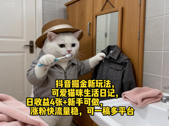 抖音掘金新玩法，可爱猫咪生活日记，日收益4张+新手可做，涨粉快流量稳，可一稿多平台-悟思笔记，一个低调的学习营。