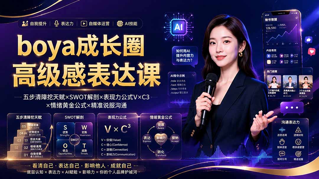 boya成长圈｜内心成长高级表达AI自媒体三合一，消解内耗挖掘天赋，镜头沟通AI指令短视频全流程教学-悟思笔记，一个低调的学习营。