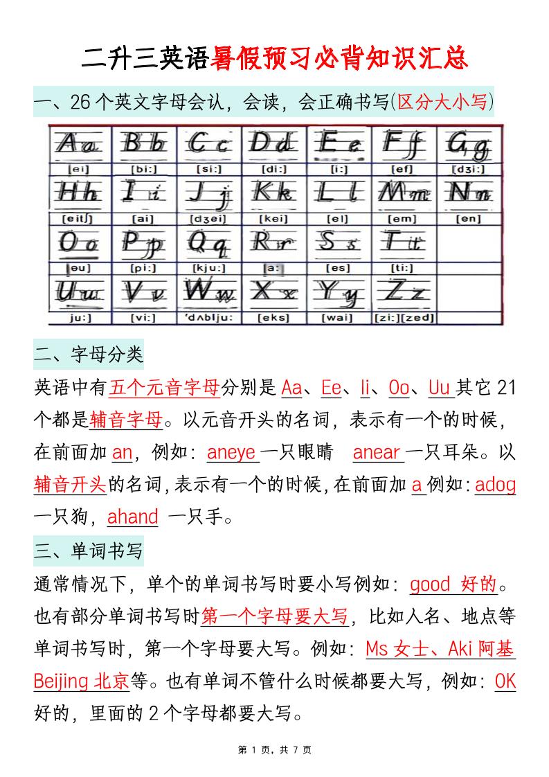 二升三英语暑假预习必背知识汇总通用版-三上英语-悟思笔记，一个低调的学习营。