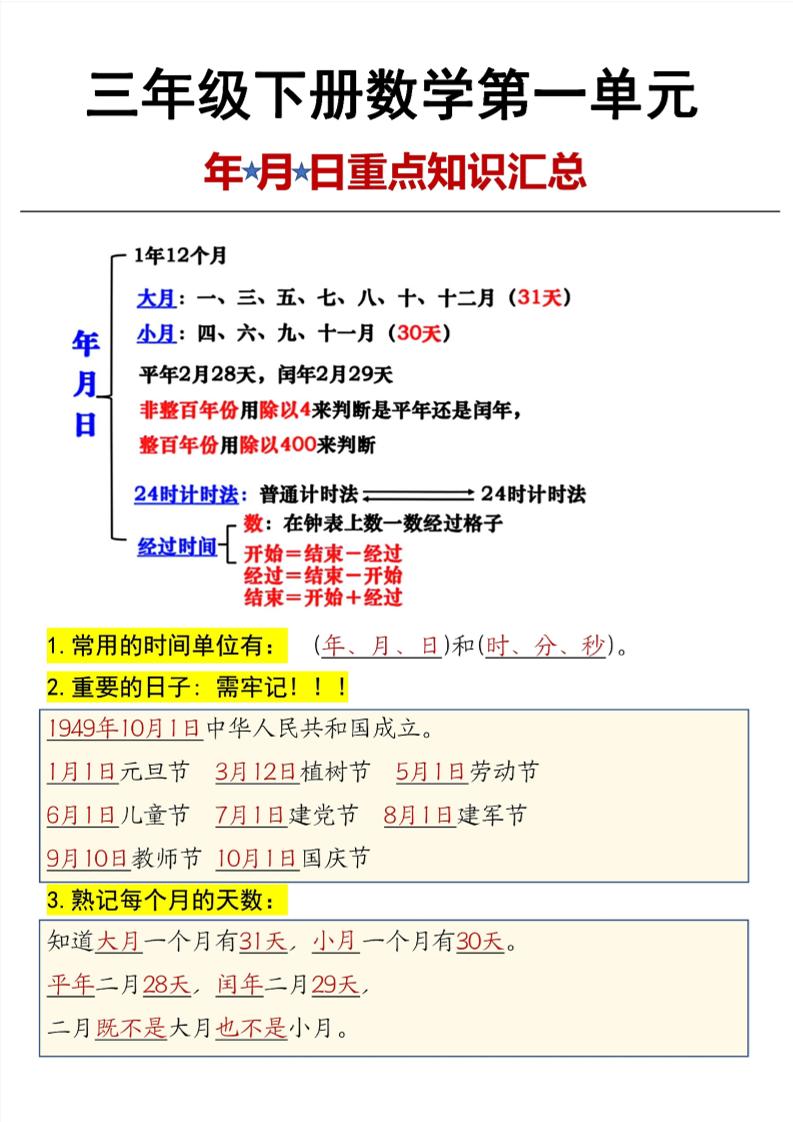 三年级下数学第6单元年月日重点知识汇总-悟思笔记，一个低调的学习营。