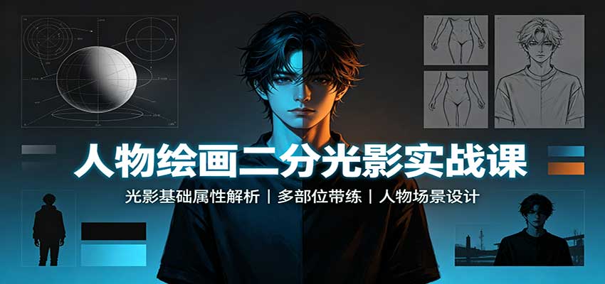 人物绘画二分光影实战课：光影基础属性解析，多部位带练，人物场景设计-悟思笔记，一个低调的学习营。