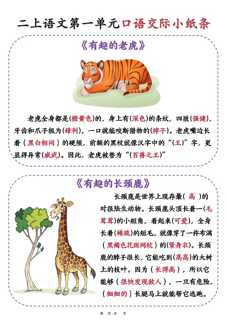 新二上语文第一单元《有趣的动物》口语交际小纸条（含空白14页）-悟思笔记，一个低调的学习营。