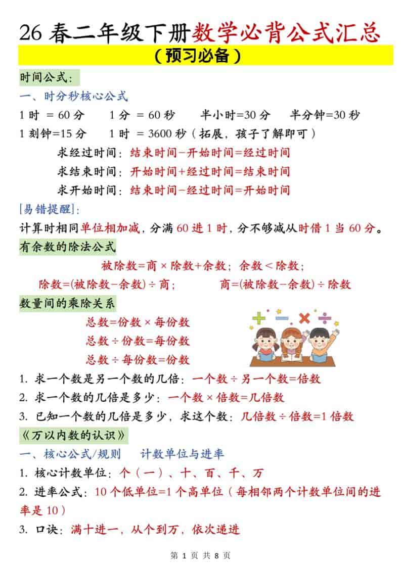 二年级下数学必背公式汇总《人教版》-悟思笔记，一个低调的学习营。