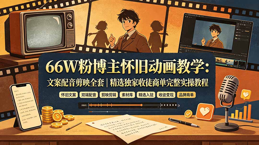 66W粉博主怀旧动画教学：文案配音剪映全套｜精选独家收徒商单完整实操教程-悟思笔记，一个低调的学习营。