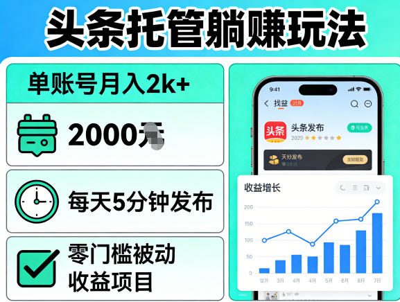 头条托管躺賺玩法，单账号月入2k+，每天5分钟发布即可，零门槛被动收益项目【揭秘】-悟思笔记，一个低调的学习营。