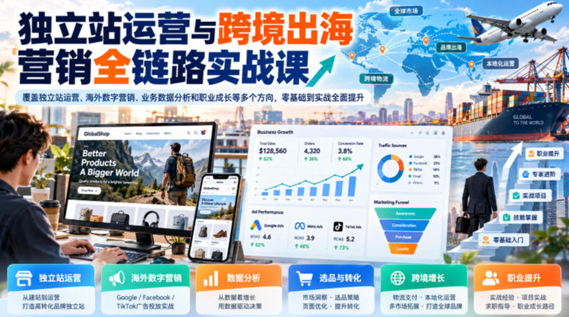 独立站运营与跨境出海营销全链路实战课，覆盖独立站运营、海外数字营销、业务数据分析和职业成长等多个方向，零基础到实战全面提升-悟思笔记，一个低调的学习营。