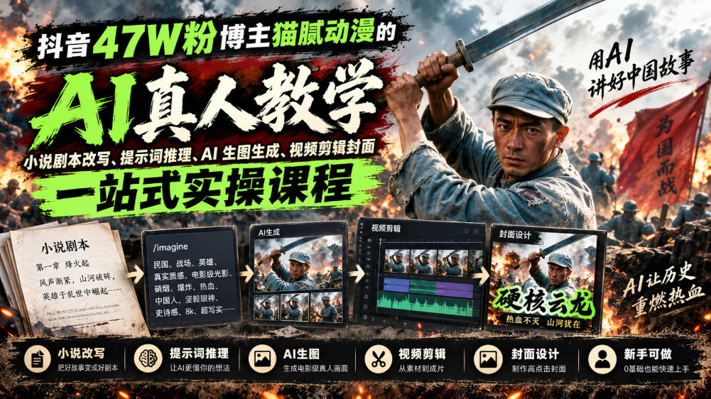 抖音47W粉博主猫腻动漫的AI真人漫剧教学，小说剧本改写、提示词推理、AI生图生成、视频剪辑封面一站式实操课程-悟思笔记，一个低调的学习营。