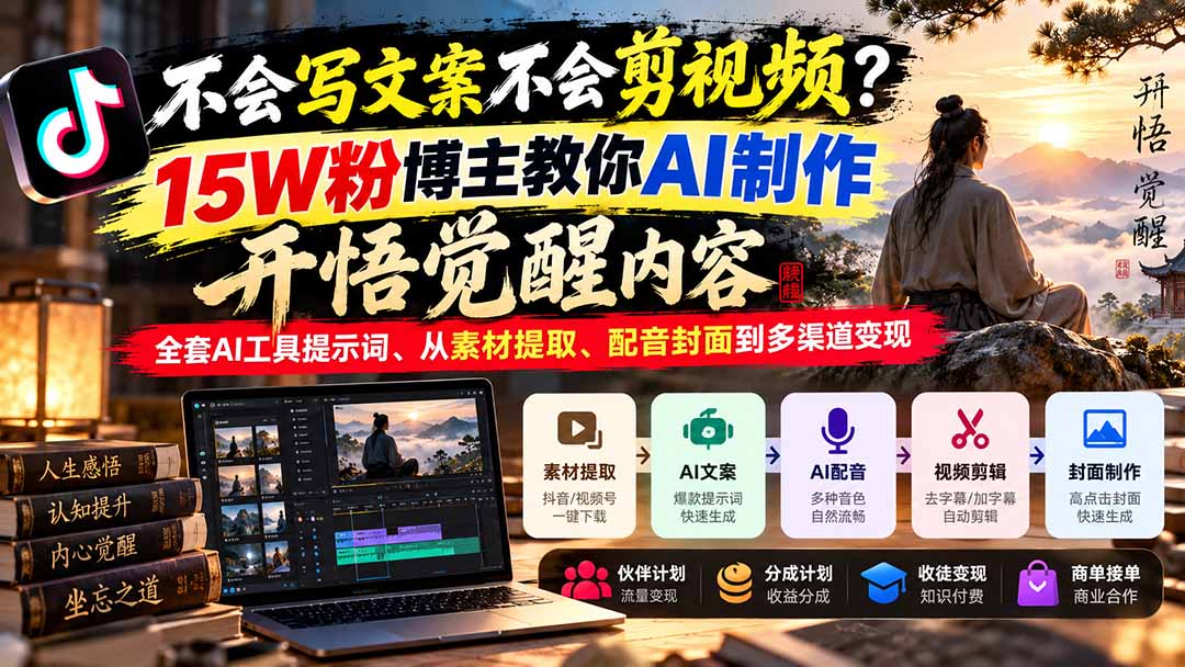 不会写文案不会剪视频？15W粉博主教你AI制作开悟觉醒内容，全套AI工具提示词、从素材提取、配音封面到多渠道变现-悟思笔记，一个低调的学习营。