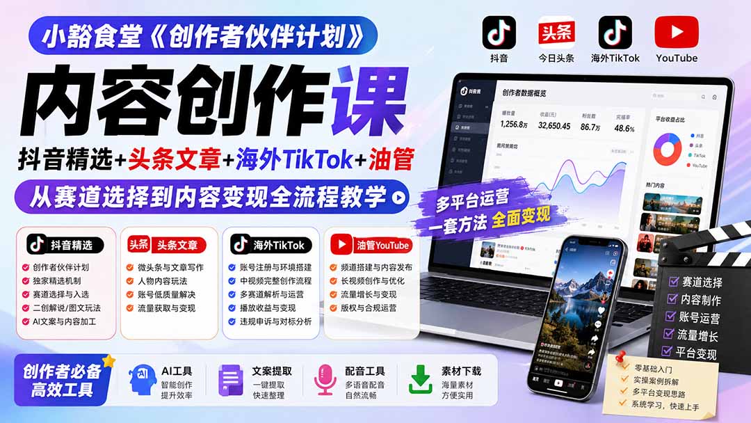 小豁食堂《创作者伙伴计划》内容创作课：抖音精选+头条文章+海外TikTok+油管，从赛道选择到内容变现全流程教学-悟思笔记，一个低调的学习营。