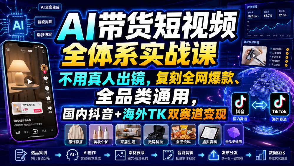 AI带货短视频全体系实战课，不用真人出镜，复刻全网爆款、全品类通用，国内抖音+海外TK双赛道变现-悟思笔记，一个低调的学习营。