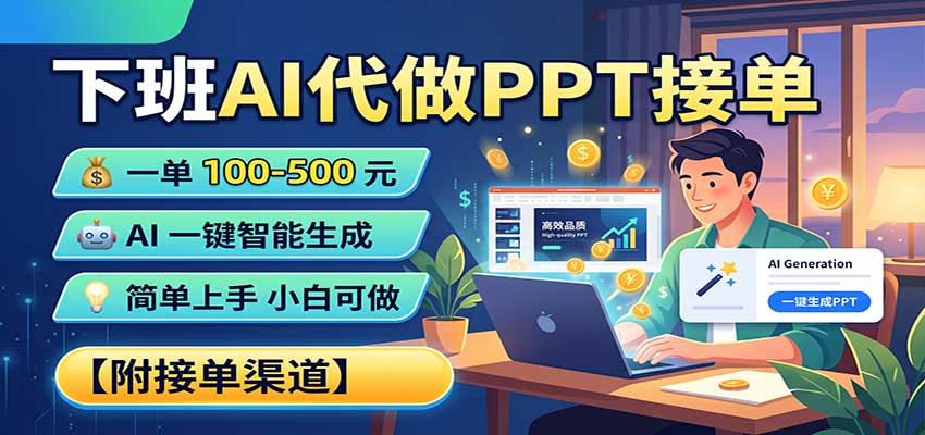 下班AI代做PPT接单，一单100-500，AI一键生成，小白也能做，附接单渠道-悟思笔记，一个低调的学习营。