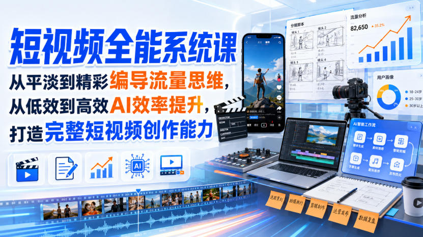 短视频全能系统课，从平淡到精彩编导流量思维，从低效到高效AI效率提升，打造完整短视频创作能力(2026年8月30更新233集)-悟思笔记，一个低调的学习营。