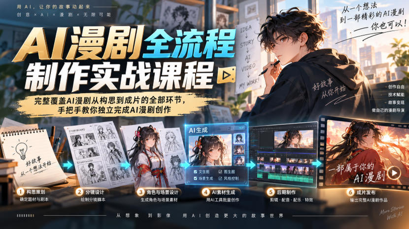 AI漫剧全流程制作实战课程，完整覆盖AI漫剧从构思到成片的全部环节，手把手教你独立完成AI漫剧创作-悟思笔记，一个低调的学习营。