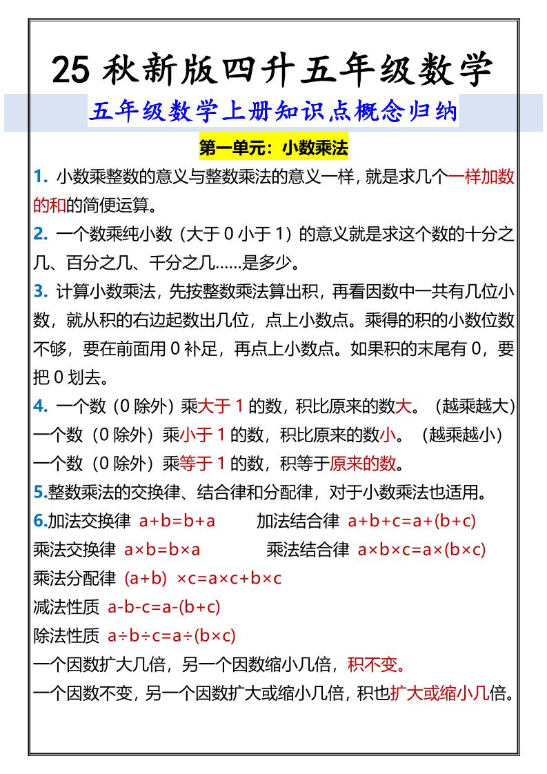 【2025秋新版】五年级数学上册知识点概念归纳-悟思笔记，一个低调的学习营。