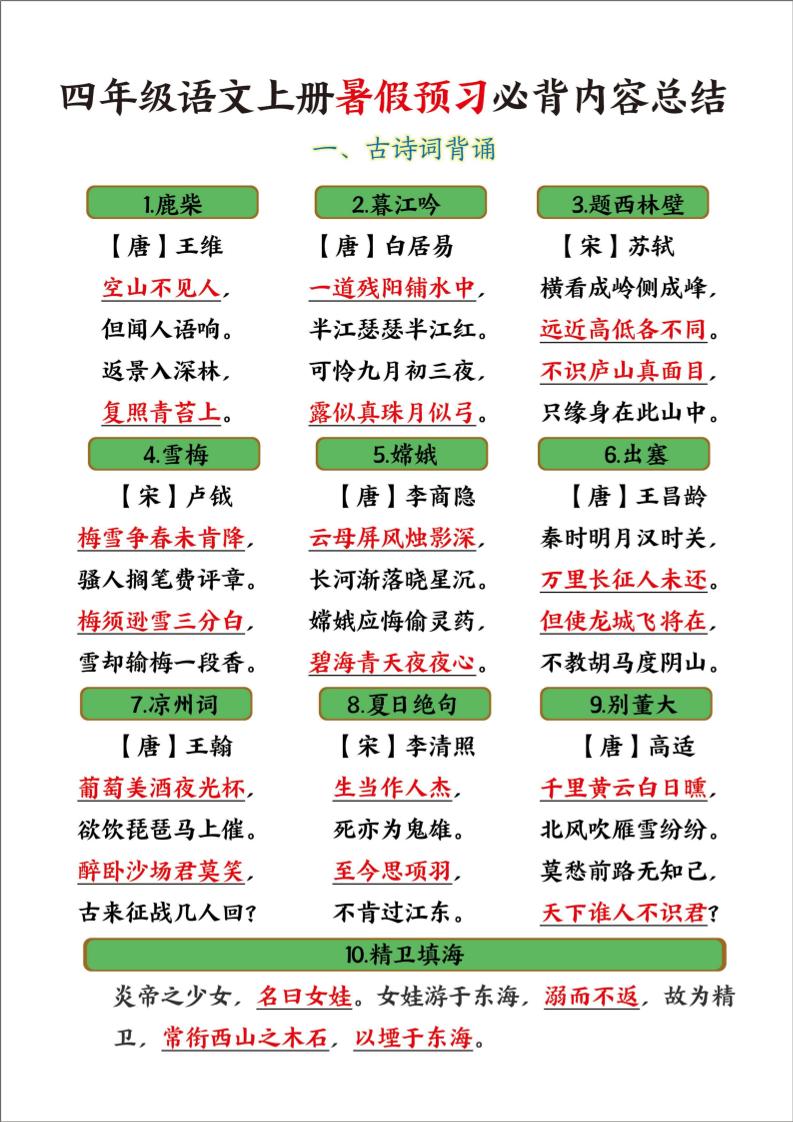 四年级语文上册暑假预习必背内容总结-悟思笔记，一个低调的学习营。