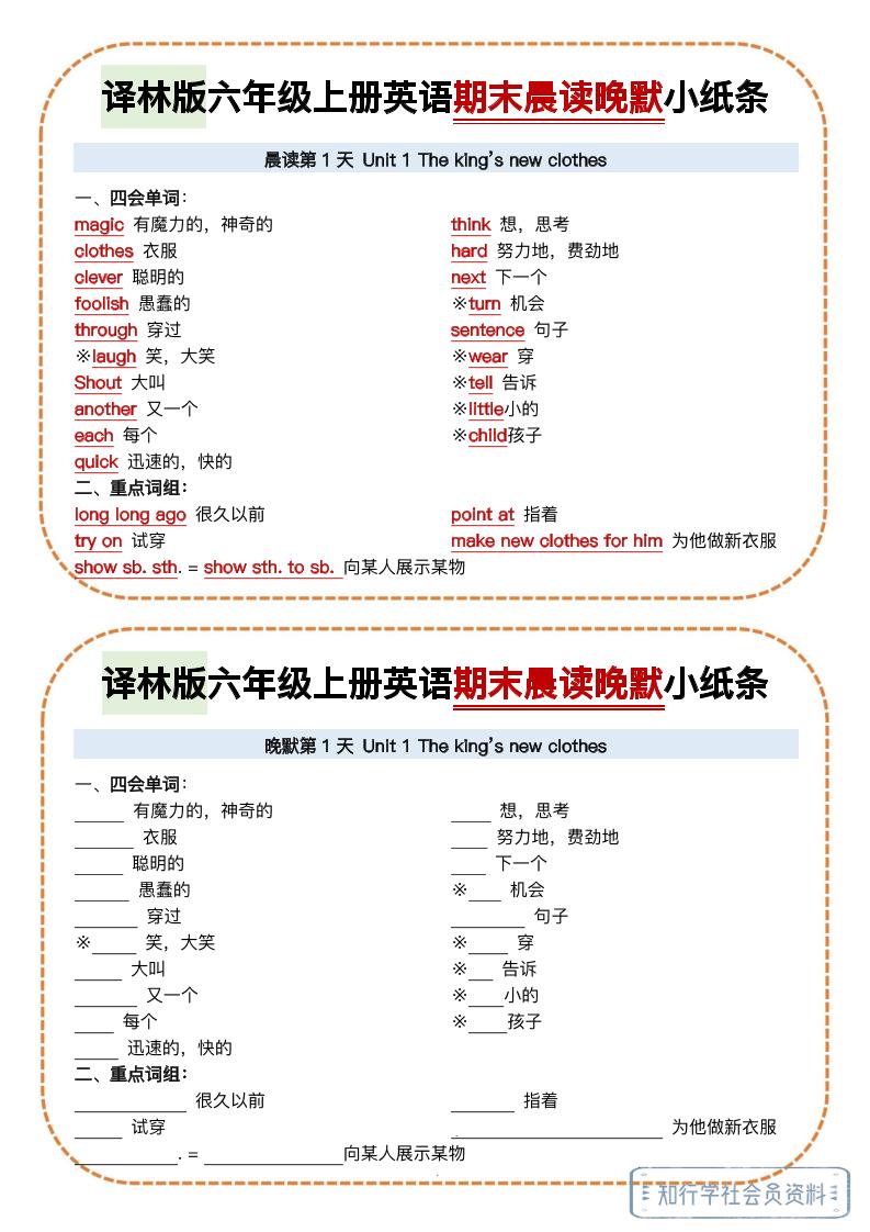 译林版六年级上册英语期末晨读晚默小纸条-悟思笔记，一个低调的学习营。